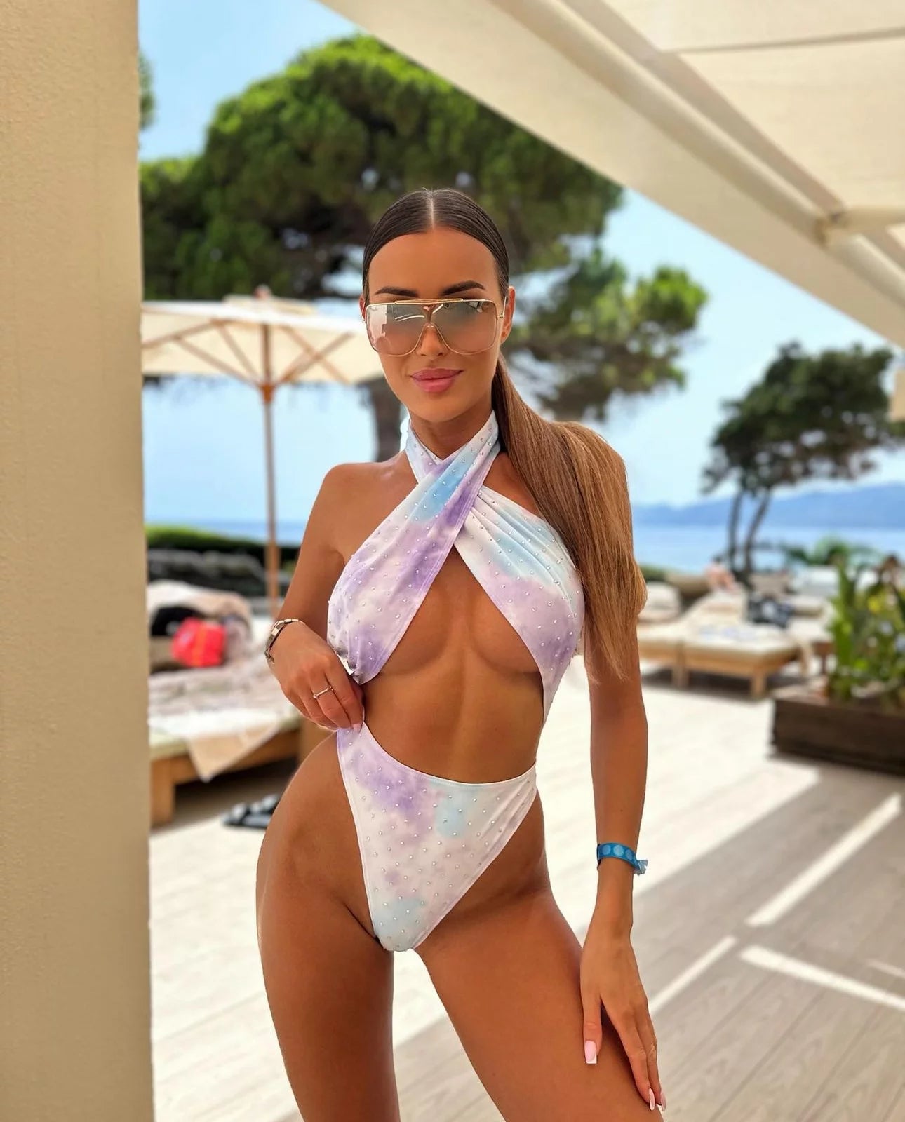 One-piece swimsuit decorated with stones